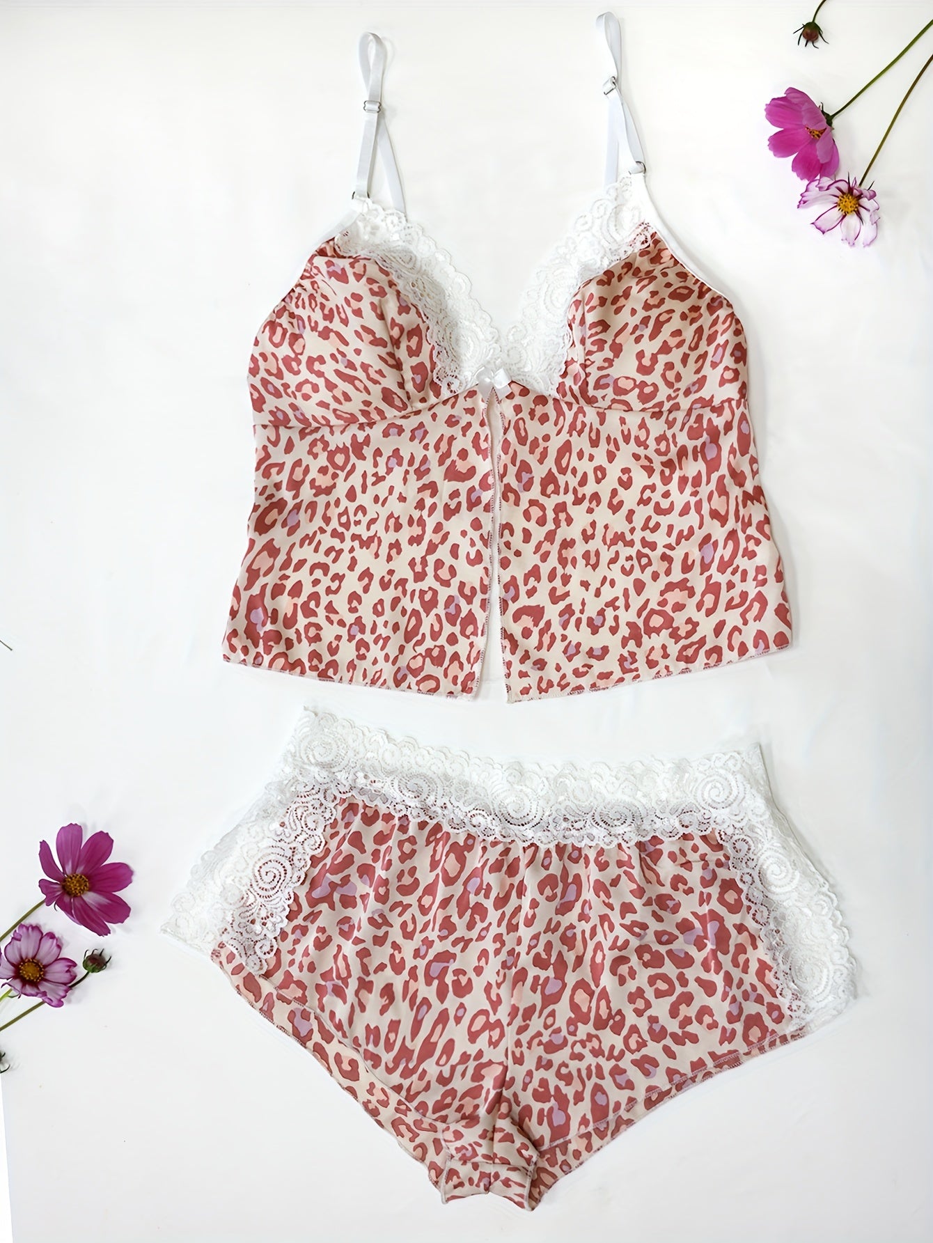 Valentine'S Day Rose Print Satin Lace Patchwork Slit Sexy Pajama Set